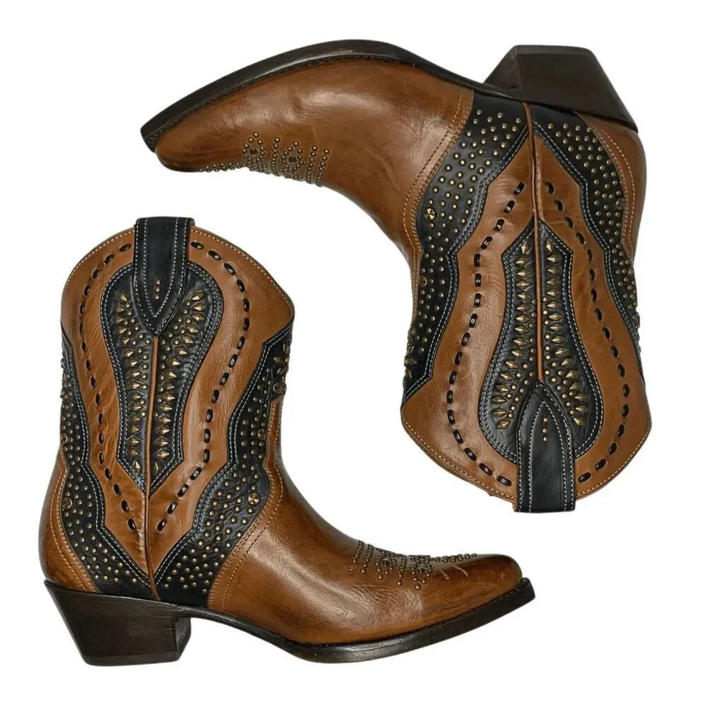 Frye Tulsa Stud Short Boot Size 7 Brown Black Studded Western Cowboy Ankle Boot